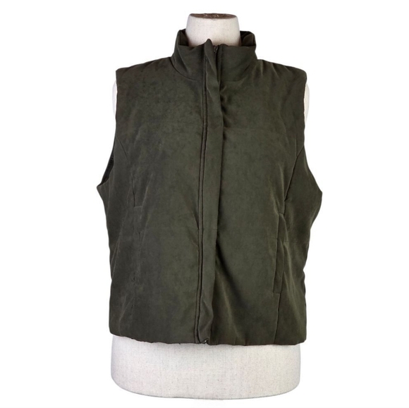 Erika Studio Vintage Olive Green Zip Vest Faux Suede Padded Sleeveless Jacket - Picture 1 of 7